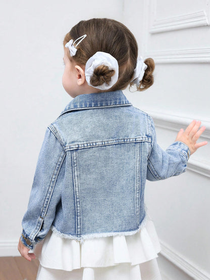 Baby Girl Y2k Cute Denim Cute Heart-Shaped Pocket Long-Sleeved Short Jacket, Fall Kid's Casual And Comfortable Wear, Back To School Clothes, Kawaii, Baby Girl Jean Jacket Winter