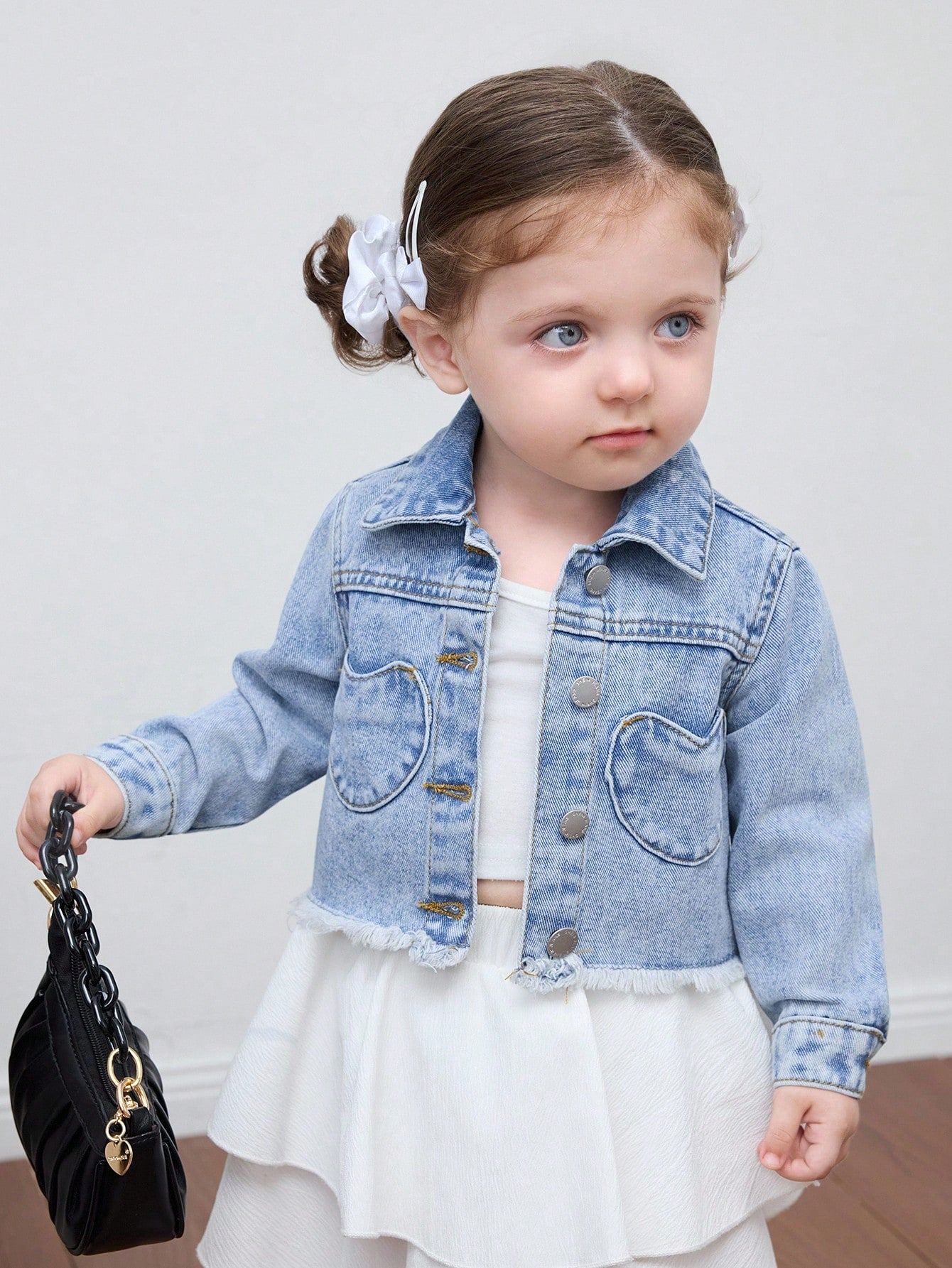 Baby Girl Y2k Cute Denim Cute Heart-Shaped Pocket Long-Sleeved Short Jacket, Fall Kid's Casual And Comfortable Wear, Back To School Clothes, Kawaii, Baby Girl Jean Jacket Winter