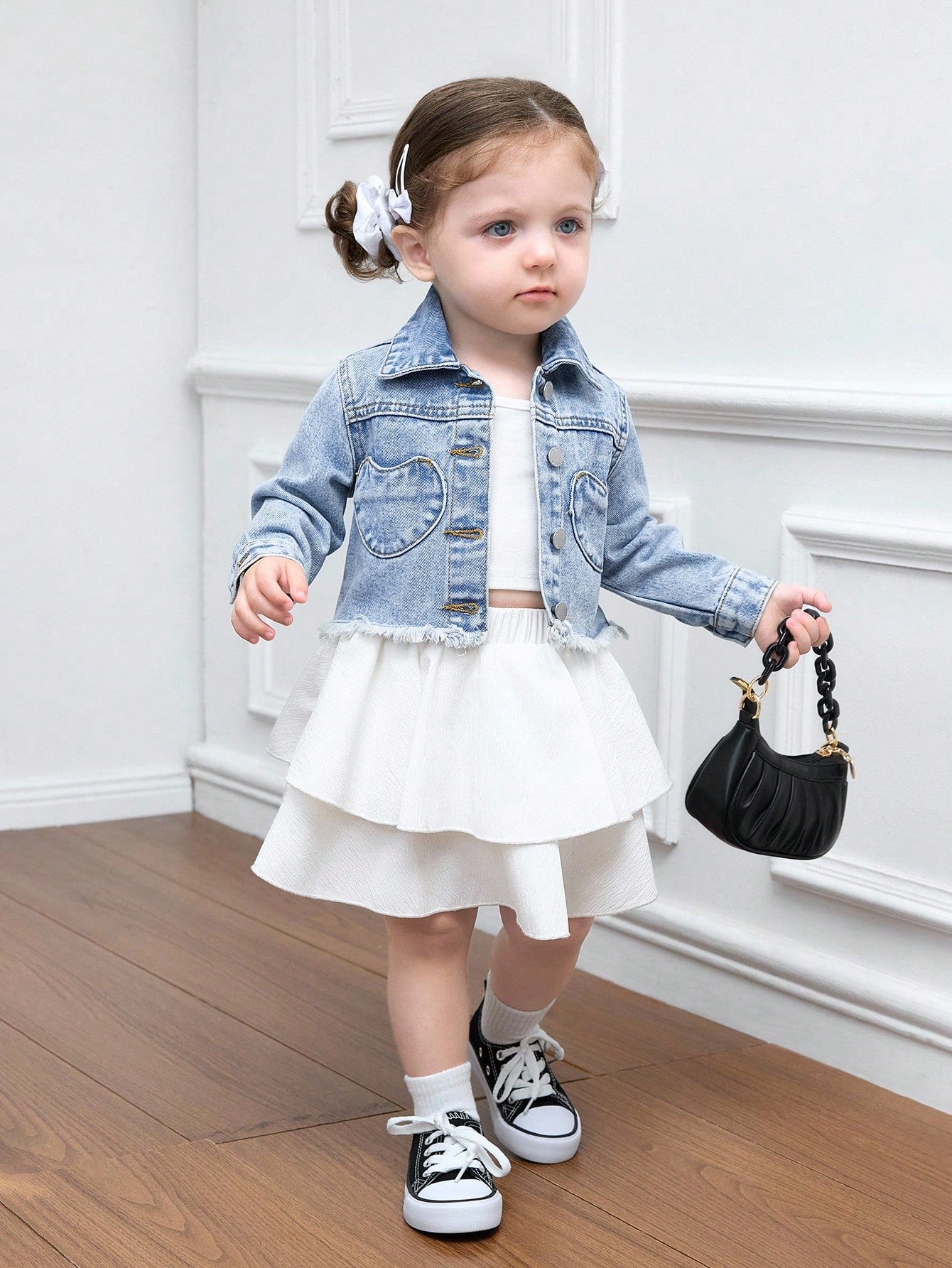 Baby Girl Y2k Cute Denim Cute Heart-Shaped Pocket Long-Sleeved Short Jacket, Fall Kid's Casual And Comfortable Wear, Back To School Clothes, Kawaii, Baby Girl Jean Jacket Winter