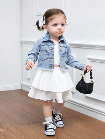 Baby Girl Y2k Cute Denim Cute Heart-Shaped Pocket Long-Sleeved Short Jacket, Fall Kid's Casual And Comfortable Wear, Back To School Clothes, Kawaii, Baby Girl Jean Jacket Winter