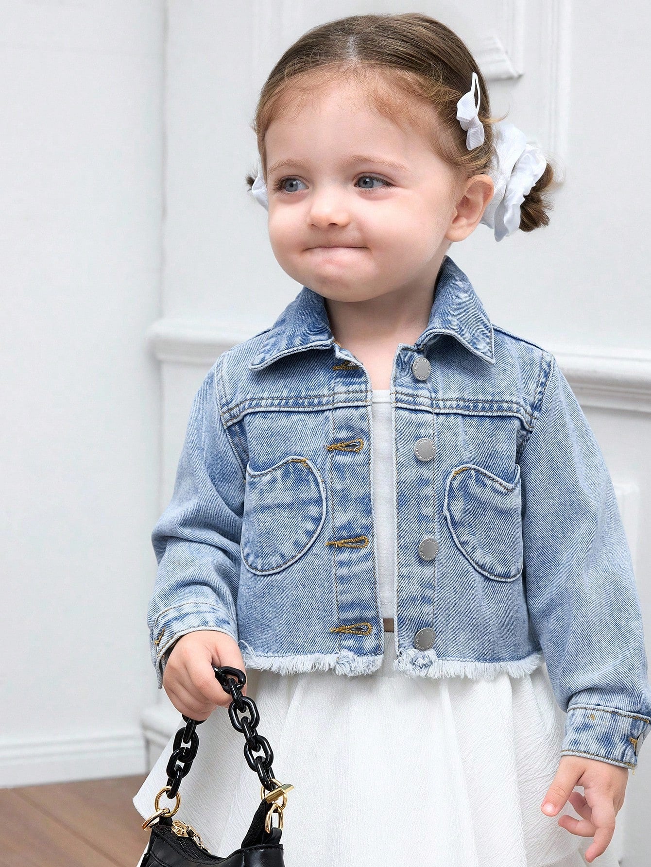 Baby Girl Y2k Cute Denim Cute Heart-Shaped Pocket Long-Sleeved Short Jacket, Fall Kid's Casual And Comfortable Wear, Back To School Clothes, Kawaii, Baby Girl Jean Jacket Winter