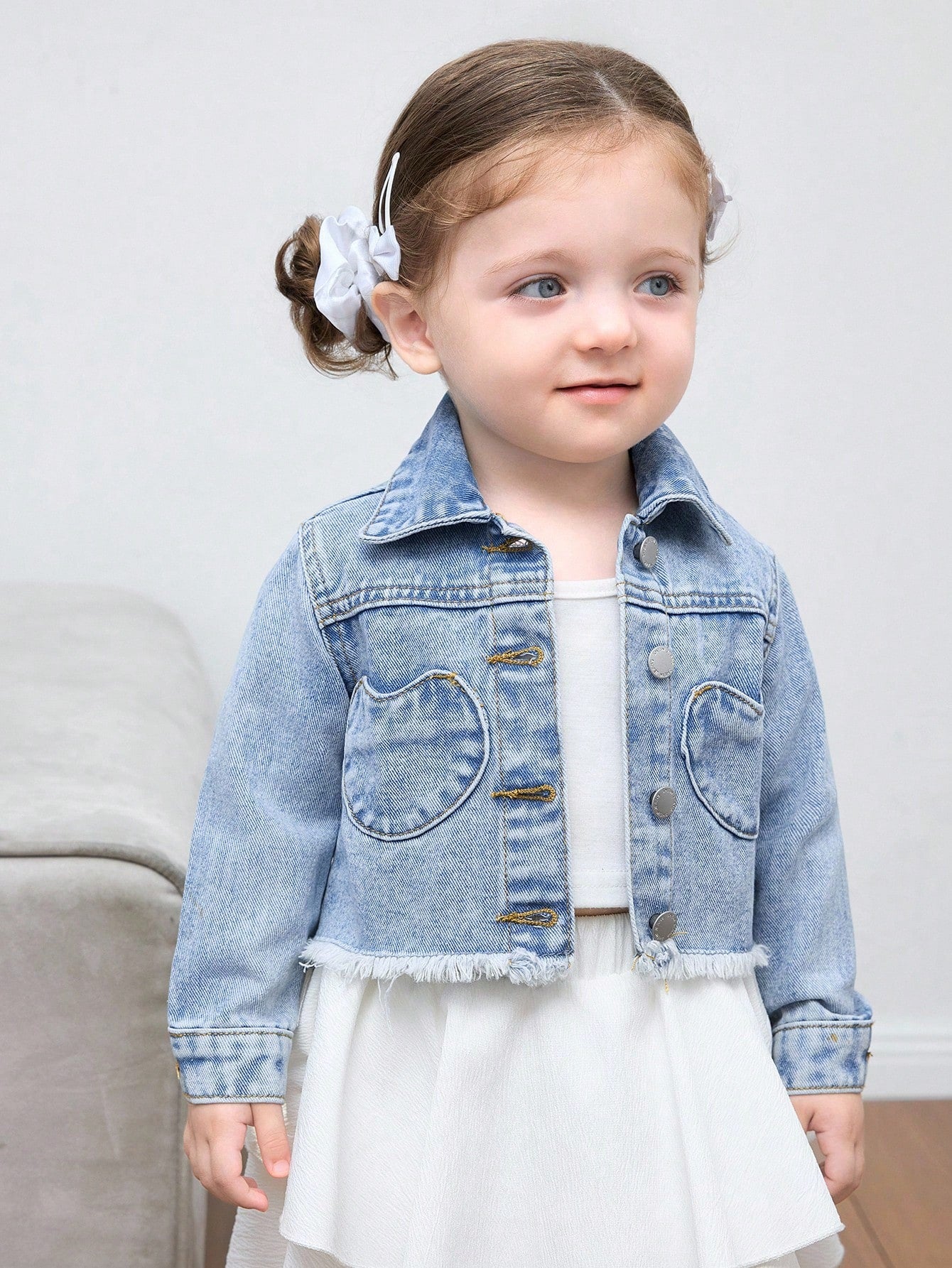 Baby Girl Y2k Cute Denim Cute Heart-Shaped Pocket Long-Sleeved Short Jacket, Fall Kid's Casual And Comfortable Wear, Back To School Clothes, Kawaii, Baby Girl Jean Jacket Winter