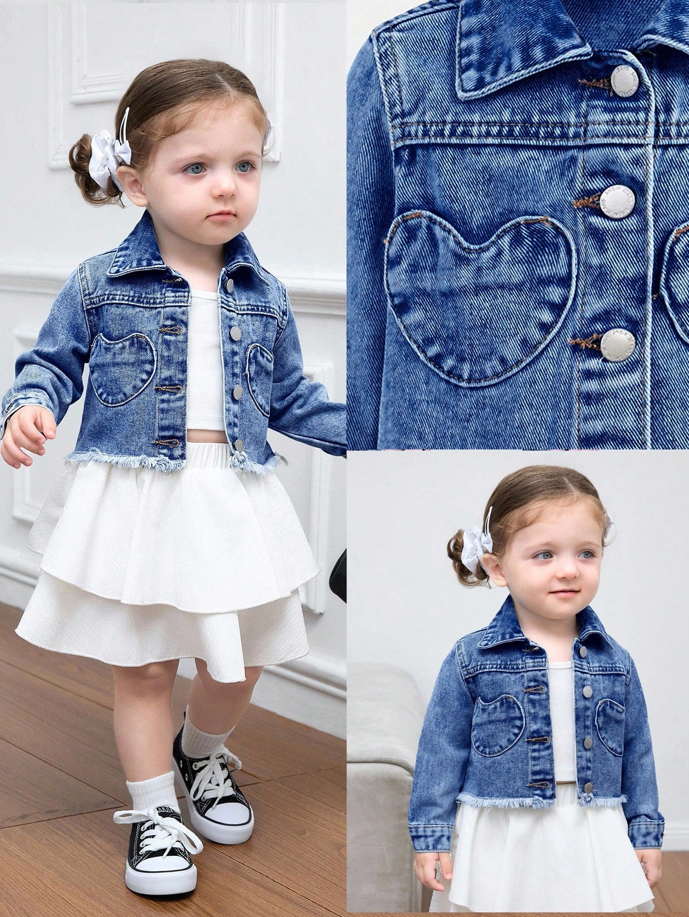 Baby Girl Y2k Cute Denim Cute Heart-Shaped Pocket Long-Sleeved Short Jacket, Fall Kid's Casual And Comfortable Wear, Back To School Clothes, Kawaii, Baby Girl Jean Jacket Winter