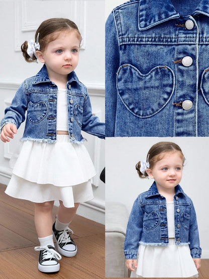 Baby Girl Y2k Cute Denim Cute Heart-Shaped Pocket Long-Sleeved Short Jacket, Fall Kid's Casual And Comfortable Wear, Back To School Clothes, Kawaii, Baby Girl Jean Jacket Winter