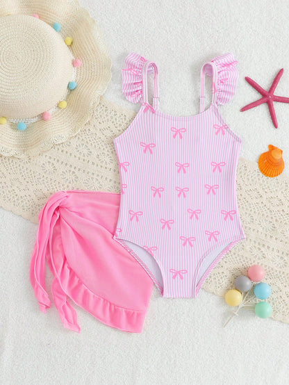 Baby Girls' Holiday One-Piece Swimsuit,Pink Bow Floral Print Beachwear,Elegant Refined Girly Sports,Lively Vibrant Suitable For Swimming,Beach,Pool