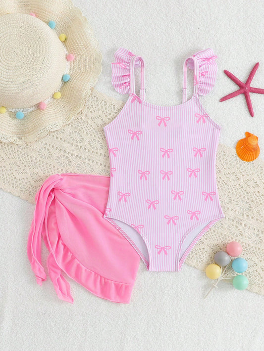 Baby Girls' Holiday One-Piece Swimsuit,Pink Bow Floral Print Beachwear,Elegant Refined Girly Sports,Lively Vibrant Suitable For Swimming,Beach,Pool