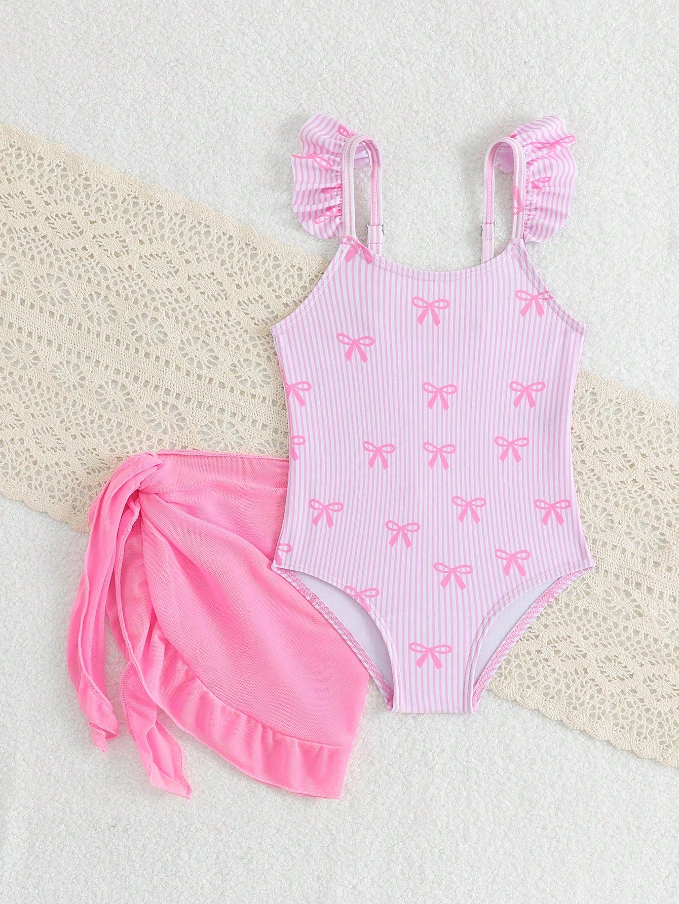 Baby Girls' Holiday One-Piece Swimsuit,Pink Bow Floral Print Beachwear,Elegant Refined Girly Sports,Lively Vibrant Suitable For Swimming,Beach,Pool