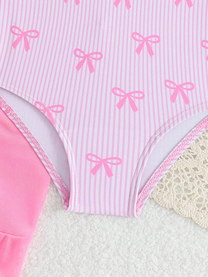 Baby Girls' Holiday One-Piece Swimsuit,Pink Bow Floral Print Beachwear,Elegant Refined Girly Sports,Lively Vibrant Suitable For Swimming,Beach,Pool