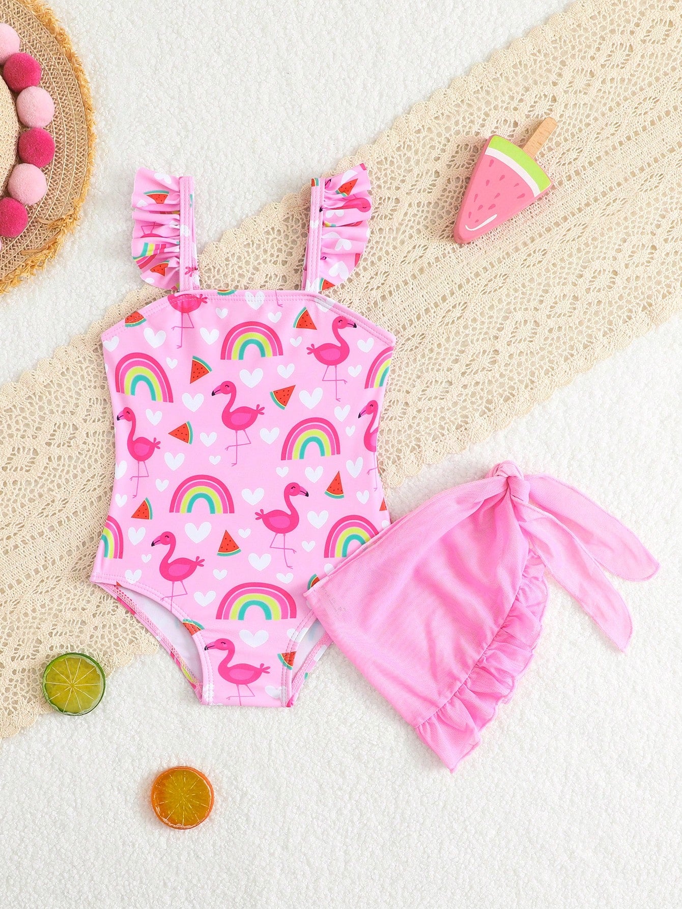 Baby Girls' Holiday One-Piece Swimsuit,Pink Bow Floral Print Beachwear,Elegant Refined Girly Sports,Lively Vibrant Suitable For Swimming,Beach,Pool