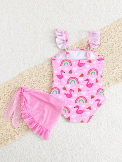 Baby Girls' Holiday One-Piece Swimsuit,Pink Bow Floral Print Beachwear,Elegant Refined Girly Sports,Lively Vibrant Suitable For Swimming,Beach,Pool