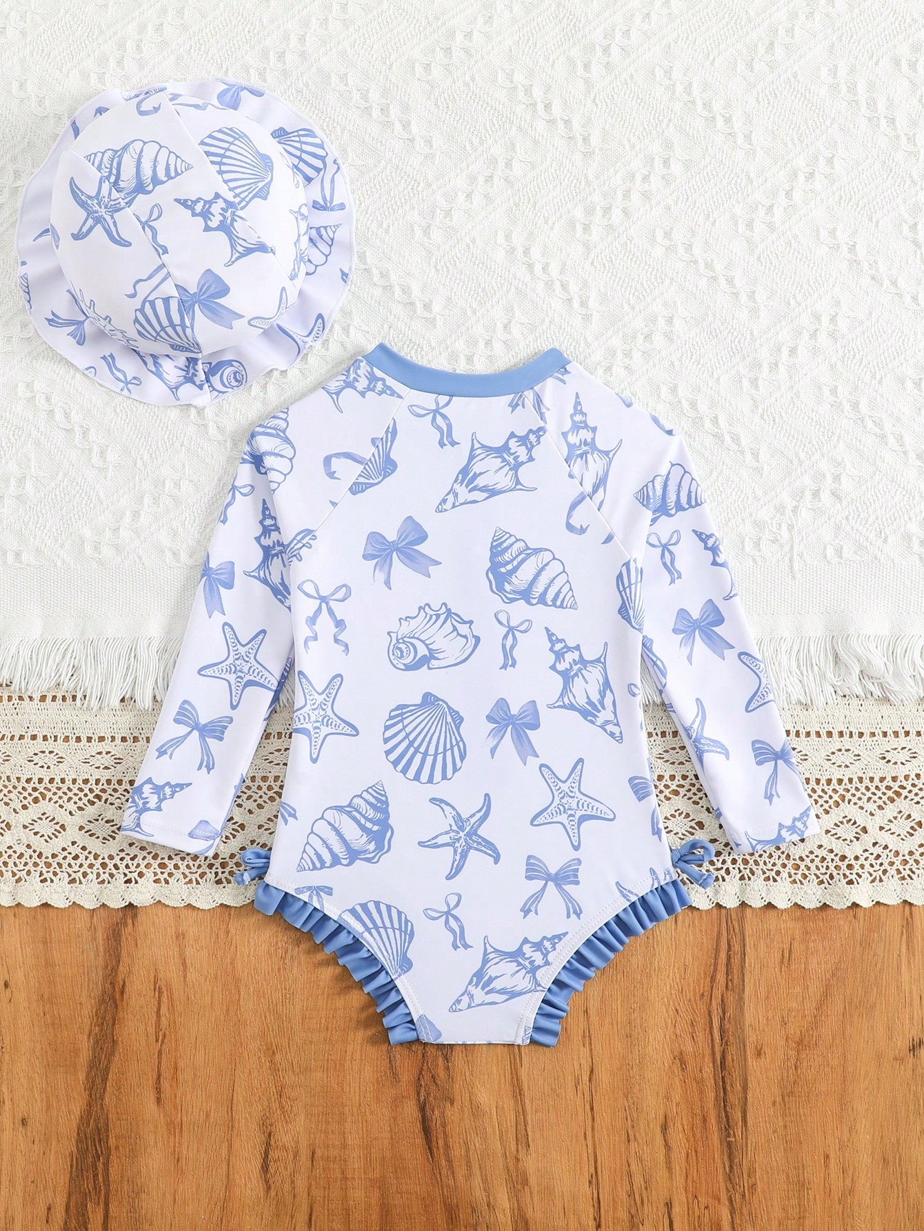 Baby Girls' Swimsuit,Holiday Blue Seashell Starfish Bow Pattern Long Sleeve One-Piece With Front Zipper,Ruffle Hem Design,Matching Sun Hat,Stretchy