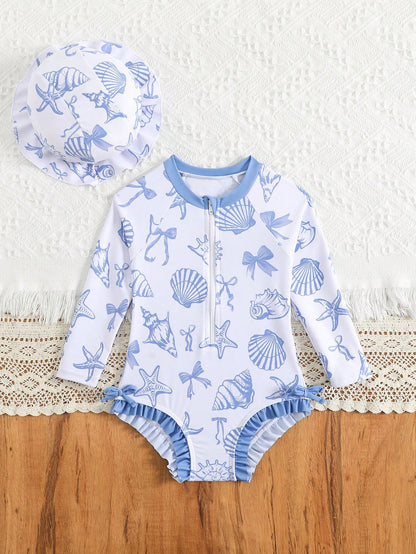 Baby Girls' Swimsuit,Holiday Blue Seashell Starfish Bow Pattern Long Sleeve One-Piece With Front Zipper,Ruffle Hem Design,Matching Sun Hat,Stretchy