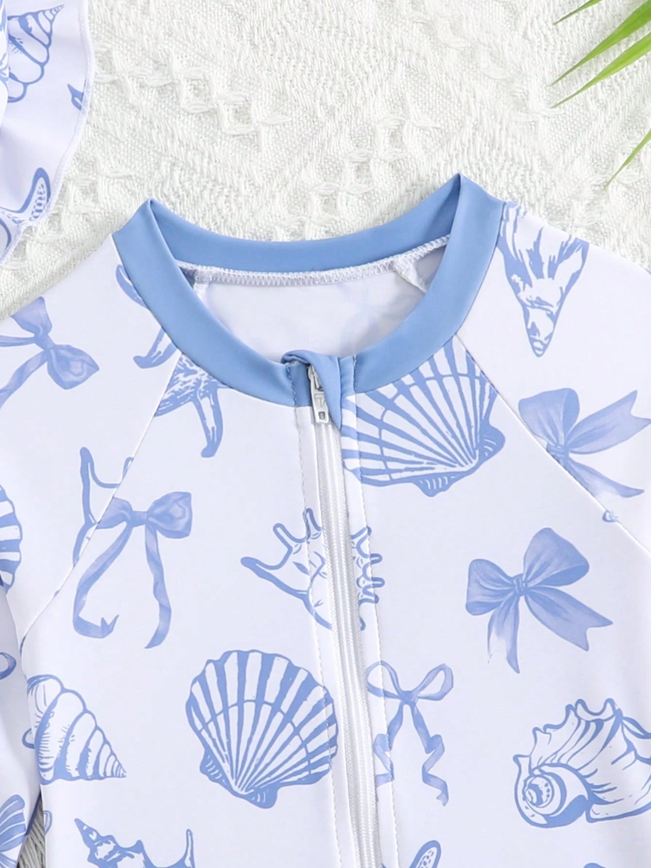 Baby Girls' Swimsuit,Holiday Blue Seashell Starfish Bow Pattern Long Sleeve One-Piece With Front Zipper,Ruffle Hem Design,Matching Sun Hat,Stretchy