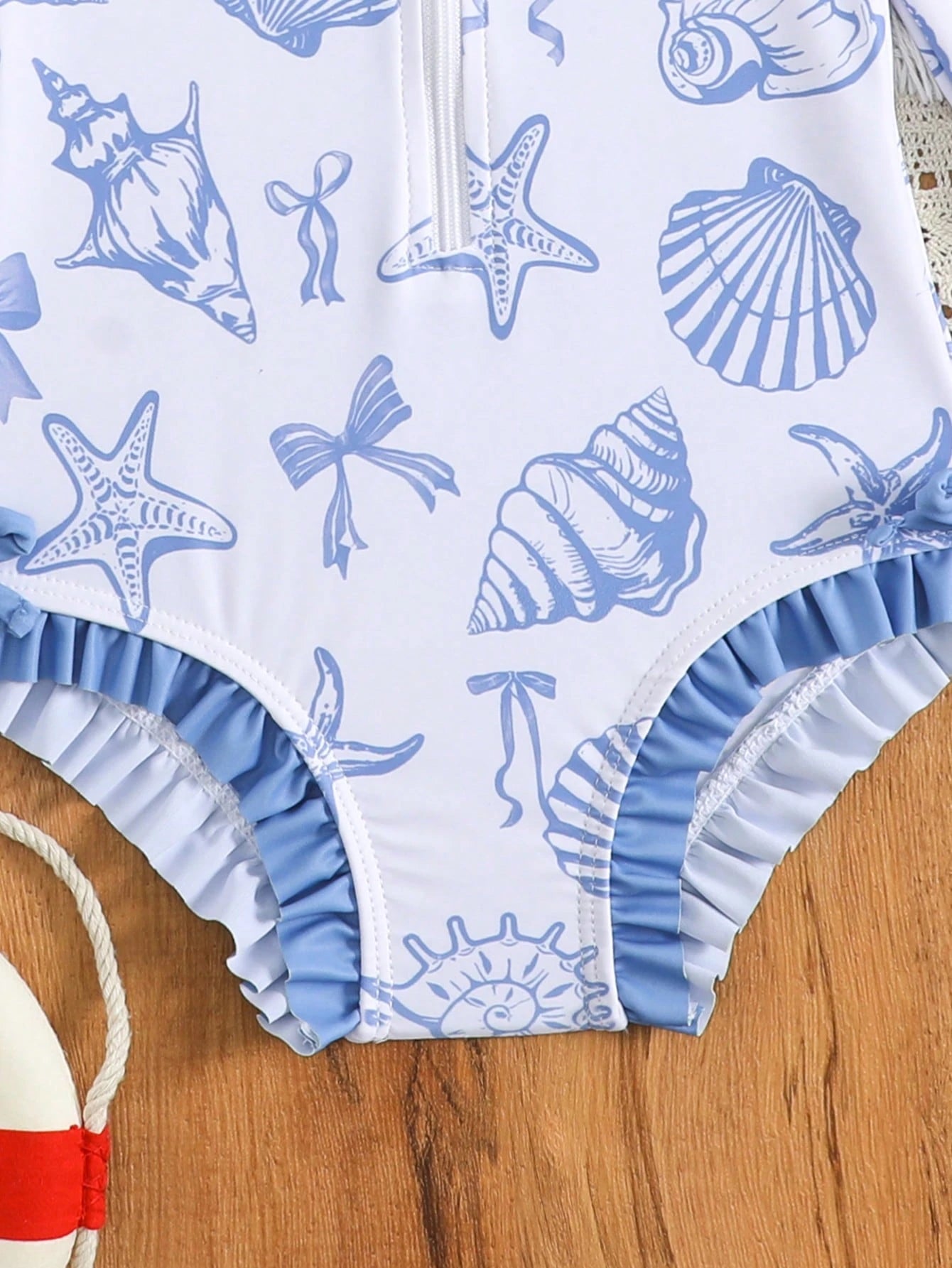 Baby Girls' Swimsuit,Holiday Blue Seashell Starfish Bow Pattern Long Sleeve One-Piece With Front Zipper,Ruffle Hem Design,Matching Sun Hat,Stretchy