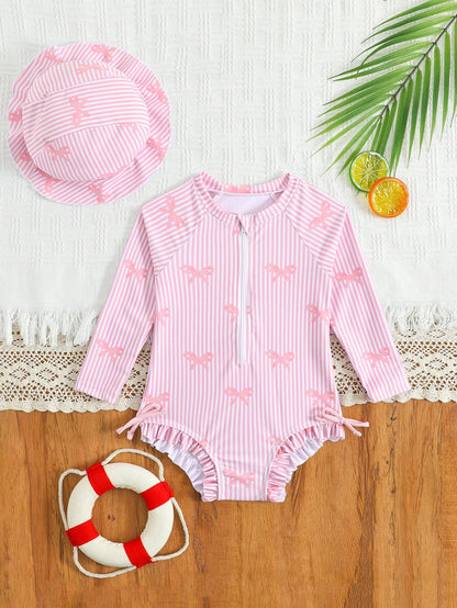 Baby Girls' Swimsuit,Holiday Blue Seashell Starfish Bow Pattern Long Sleeve One-Piece With Front Zipper,Ruffle Hem Design,Matching Sun Hat,Stretchy