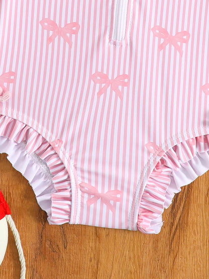 Baby Girls' Swimsuit,Holiday Blue Seashell Starfish Bow Pattern Long Sleeve One-Piece With Front Zipper,Ruffle Hem Design,Matching Sun Hat,Stretchy