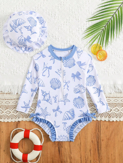 Baby Girls' Swimsuit,Holiday Blue Seashell Starfish Bow Pattern Long Sleeve One-Piece With Front Zipper,Ruffle Hem Design,Matching Sun Hat,Stretchy