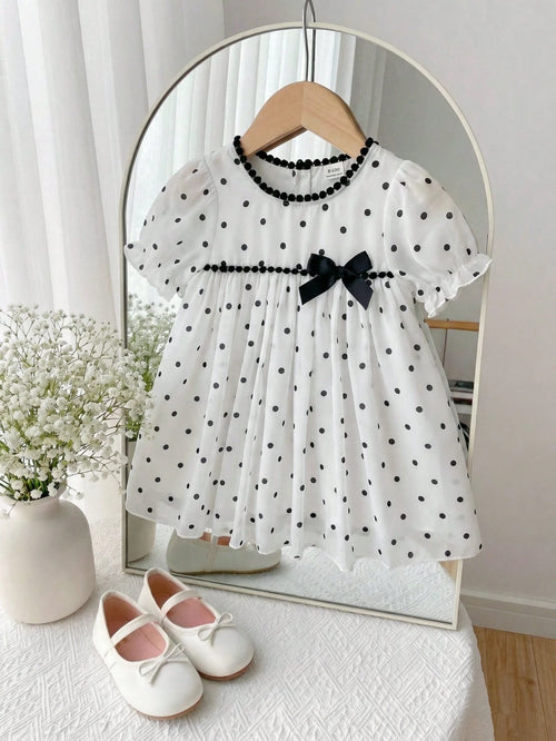Baby Girls' Versatile Polka Dot Pattern Round Neck Puff Sleeve Dress, Summer