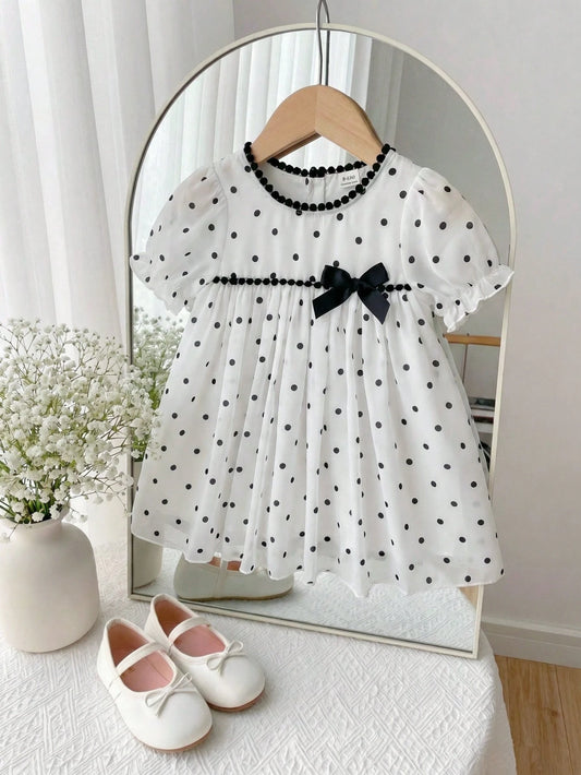 Baby Girls' Versatile Polka Dot Pattern Round Neck Puff Sleeve Dress, Summer