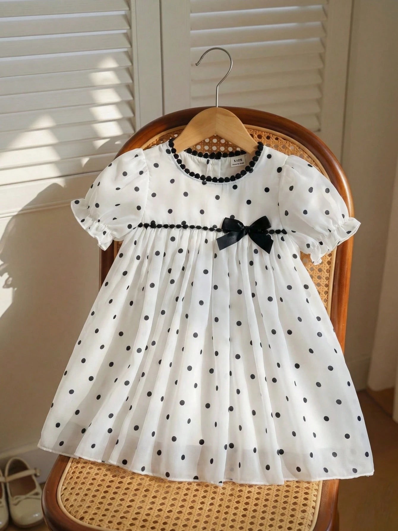 Baby Girls' Versatile Polka Dot Pattern Round Neck Puff Sleeve Dress, Summer