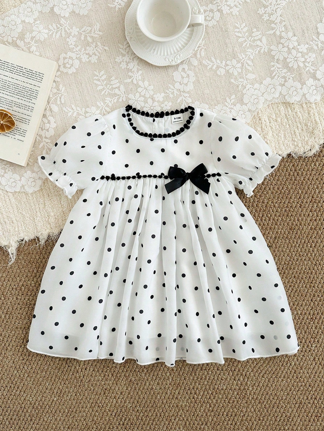 Baby Girls' Versatile Polka Dot Pattern Round Neck Puff Sleeve Dress, Summer