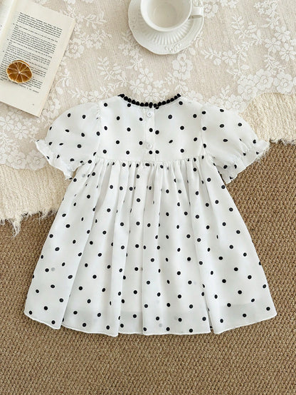 Baby Girls' Versatile Polka Dot Pattern Round Neck Puff Sleeve Dress, Summer