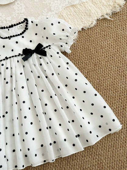 Baby Girls' Versatile Polka Dot Pattern Round Neck Puff Sleeve Dress, Summer