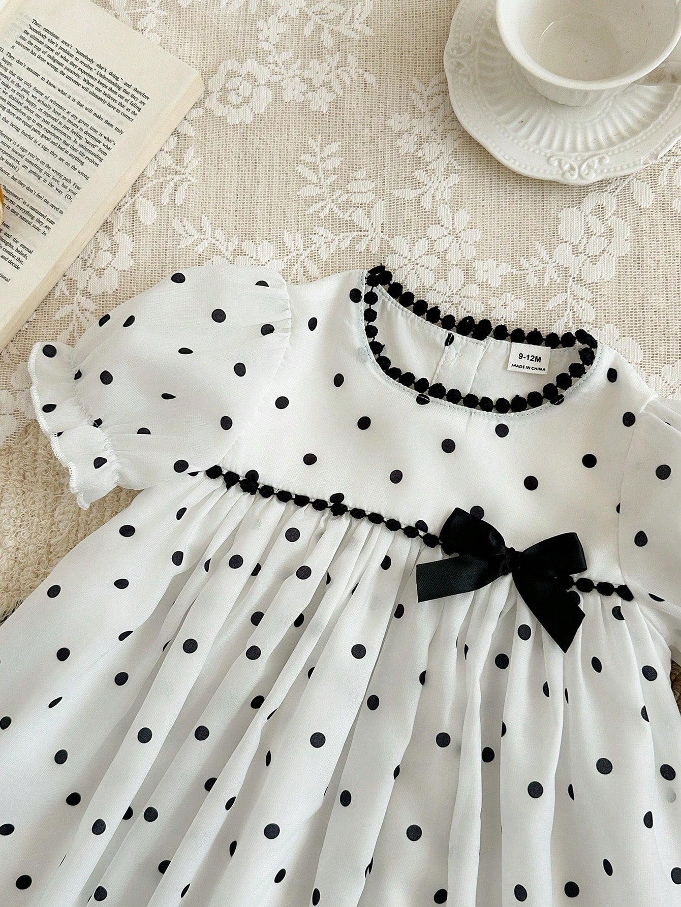 Baby Girls' Versatile Polka Dot Pattern Round Neck Puff Sleeve Dress, Summer