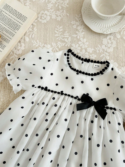Baby Girls' Versatile Polka Dot Pattern Round Neck Puff Sleeve Dress, Summer