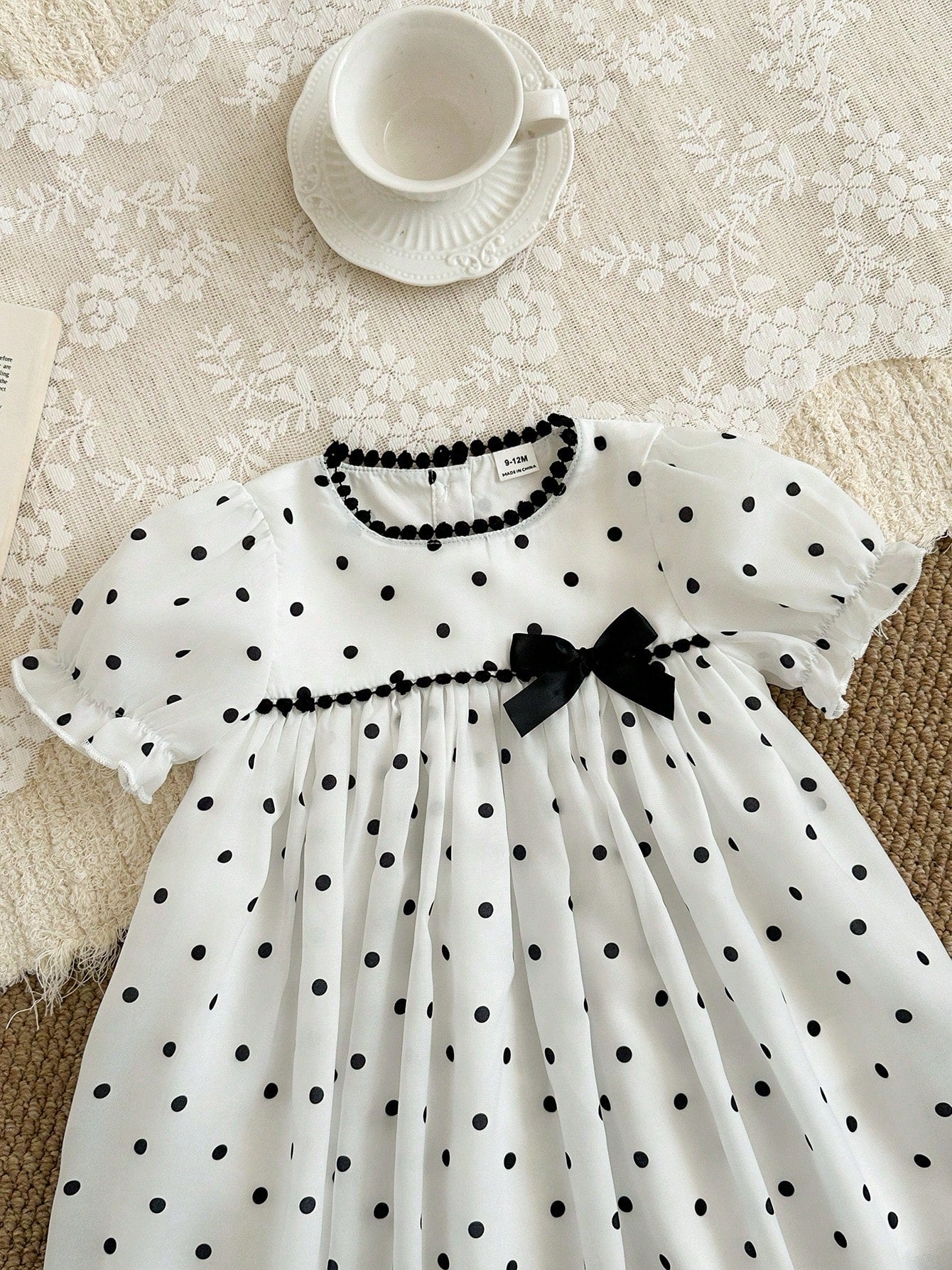Baby Girls' Versatile Polka Dot Pattern Round Neck Puff Sleeve Dress, Summer