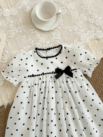 Baby Girls' Versatile Polka Dot Pattern Round Neck Puff Sleeve Dress, Summer