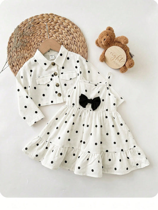 Babygirl Cute Polka Dot Cami Dress & Black Jacket 2pcs Set