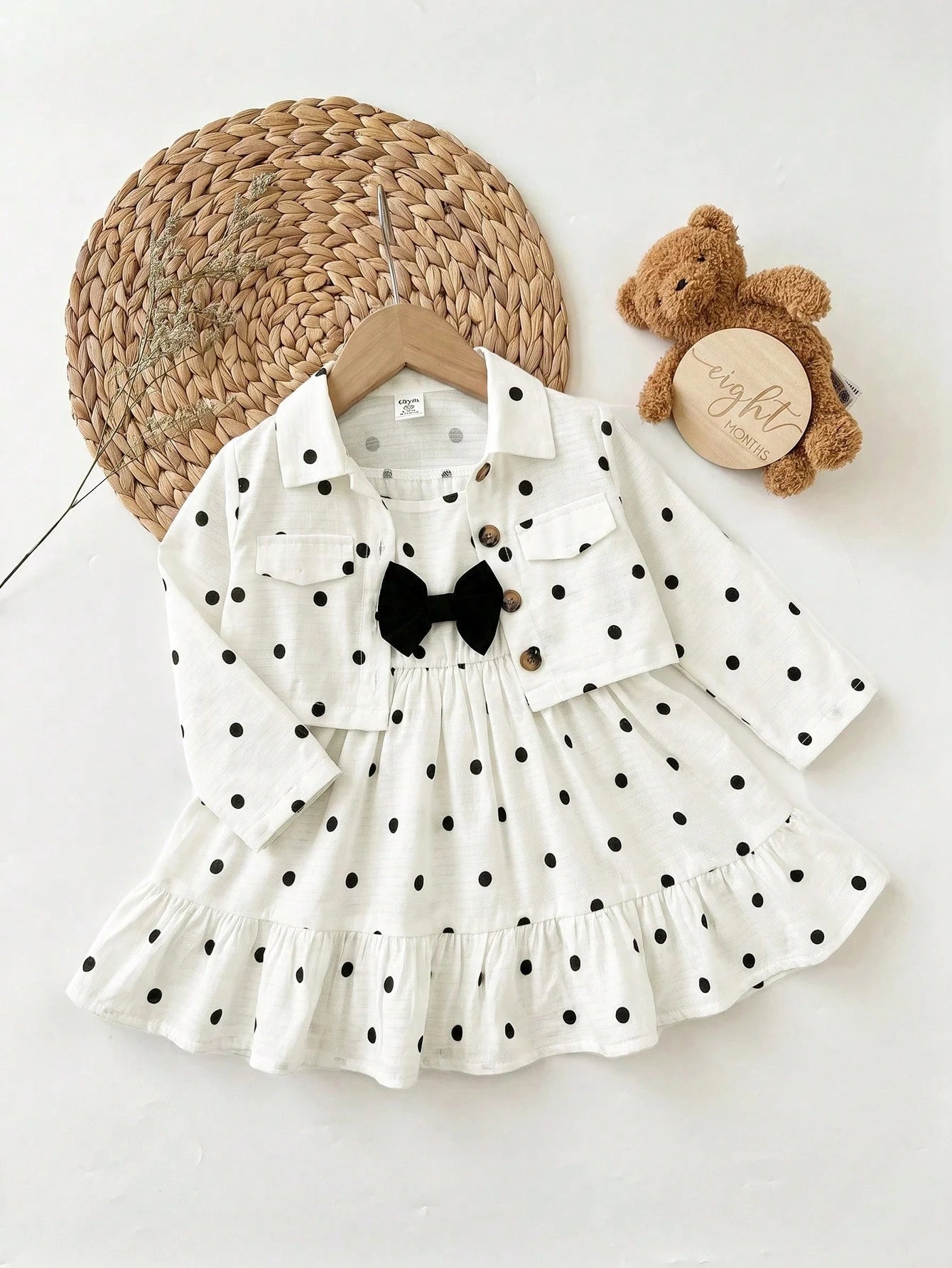 Babygirl Cute Polka Dot Cami Dress & Black Jacket 2pcs Set