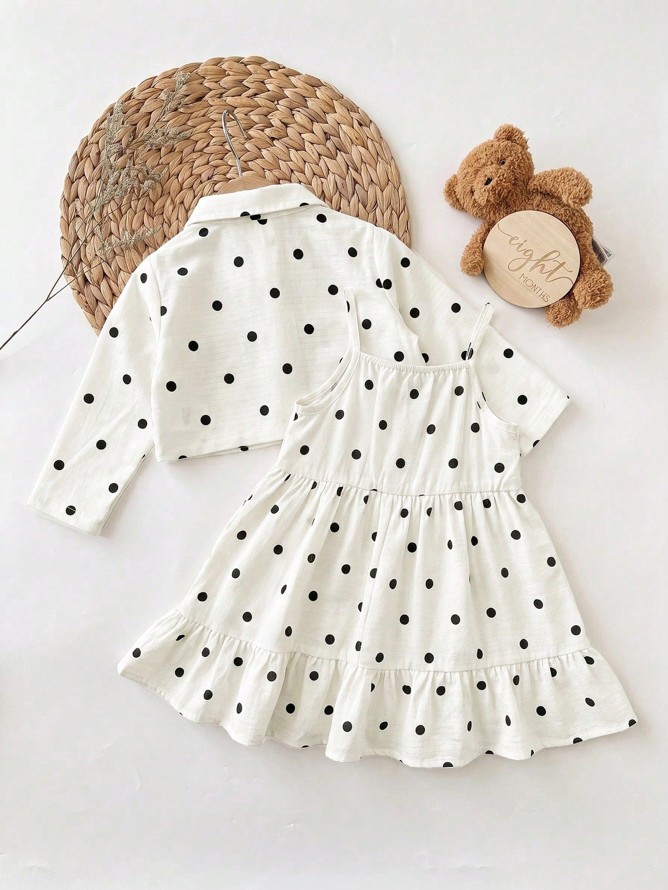 Babygirl Cute Polka Dot Cami Dress & Black Jacket 2pcs Set