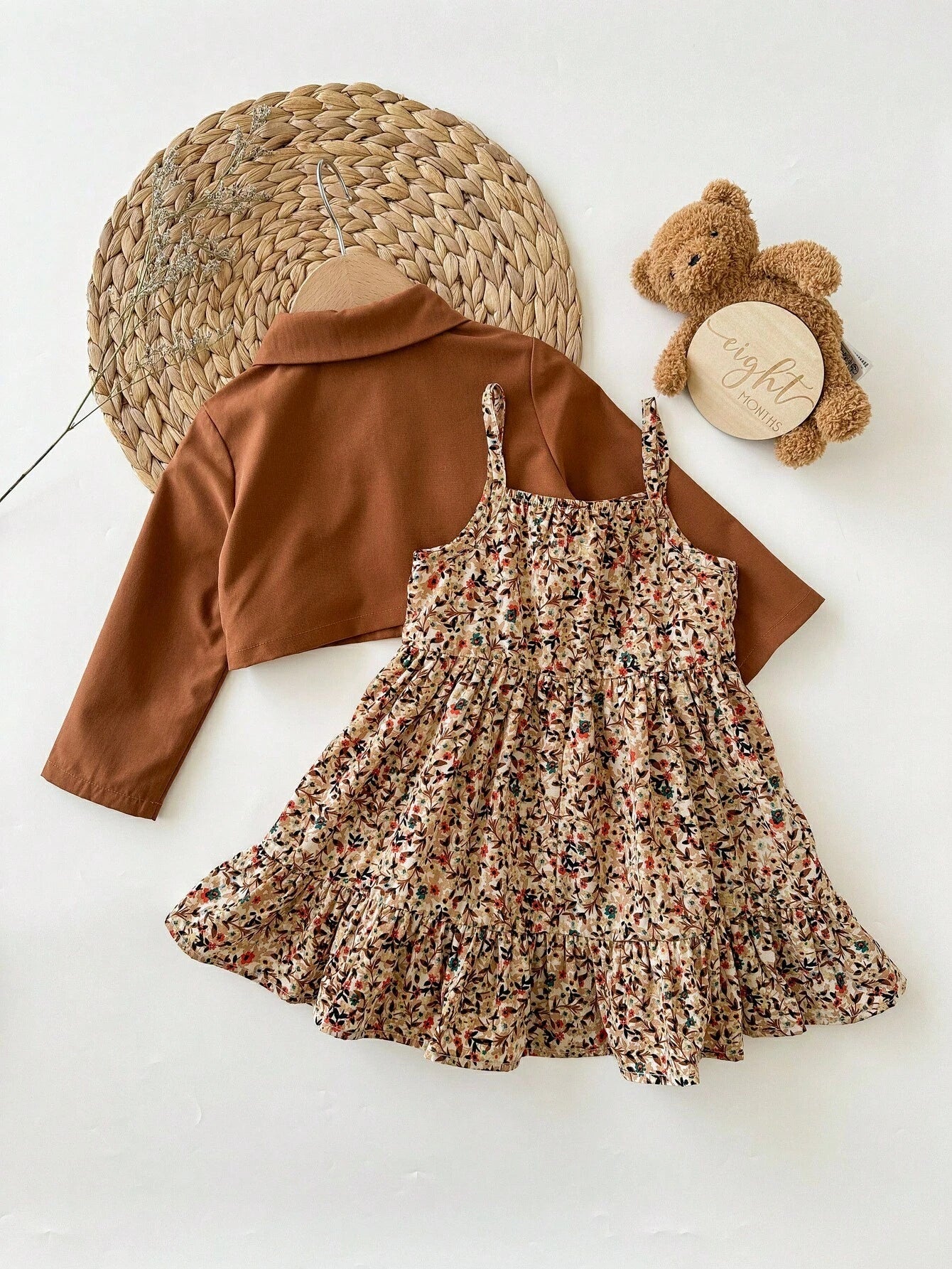 Babygirl Ditsy Floral Casual Camisole Dress&Brown Jacket Set Baby Girl Outfits Toddler Outfit 2pcs Girls Vintage Style Fall Winter