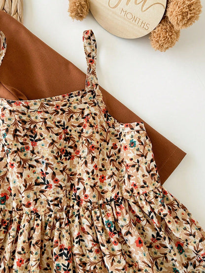 Babygirl Ditsy Floral Casual Camisole Dress&Brown Jacket Set Baby Girl Outfits Toddler Outfit 2pcs Girls Vintage Style Fall Winter