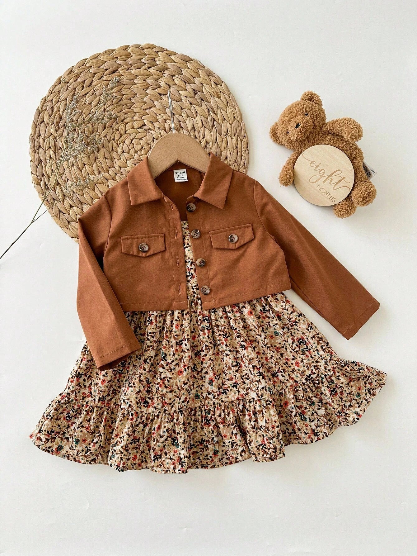 Babygirl Ditsy Floral Casual Camisole Dress&Brown Jacket Set Baby Girl Outfits Toddler Outfit 2pcs Girls Vintage Style Fall Winter