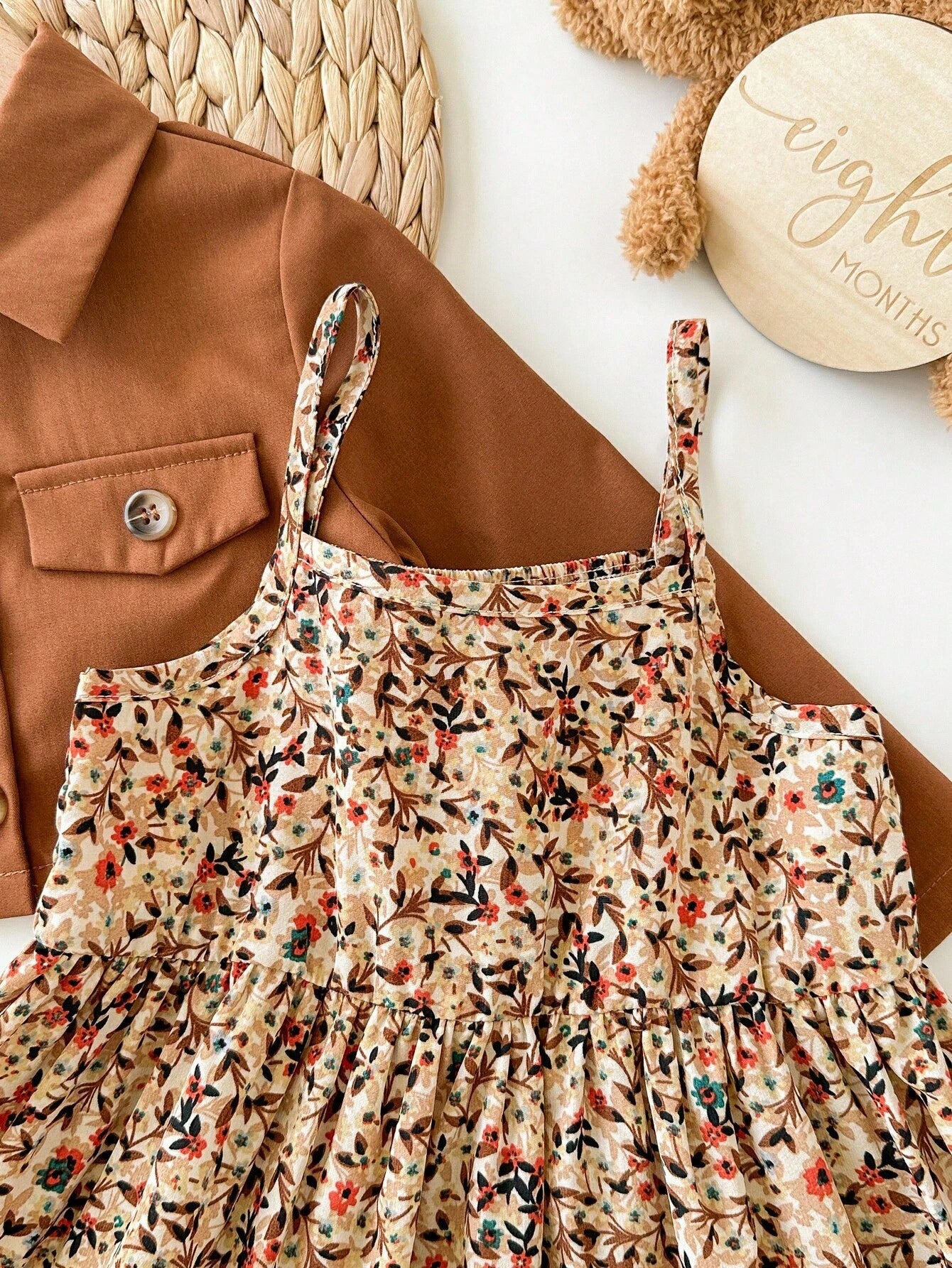 Babygirl Ditsy Floral Casual Camisole Dress&Brown Jacket Set Baby Girl Outfits Toddler Outfit 2pcs Girls Vintage Style Fall Winter