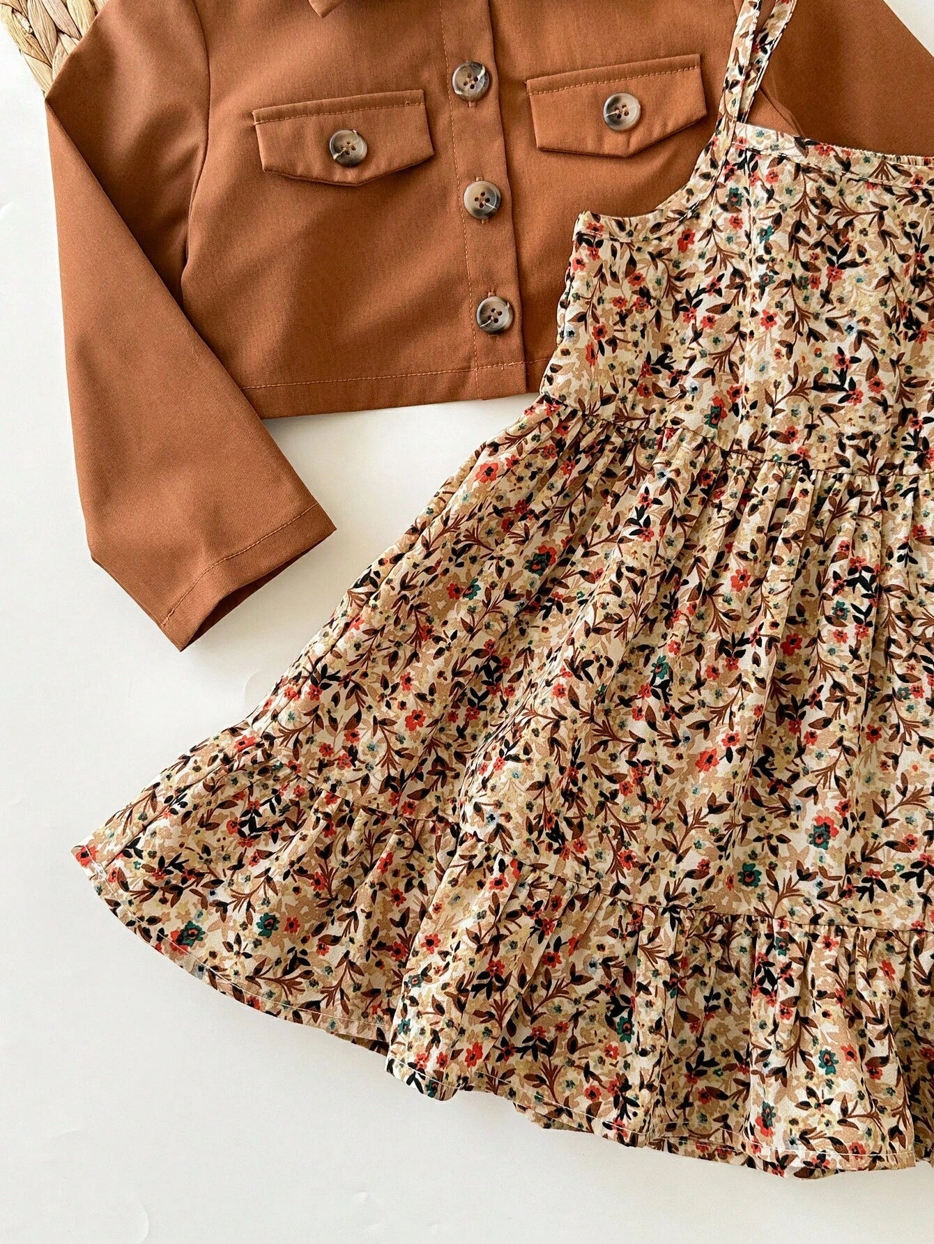 Babygirl Ditsy Floral Casual Camisole Dress&Brown Jacket Set Baby Girl Outfits Toddler Outfit 2pcs Girls Vintage Style Fall Winter