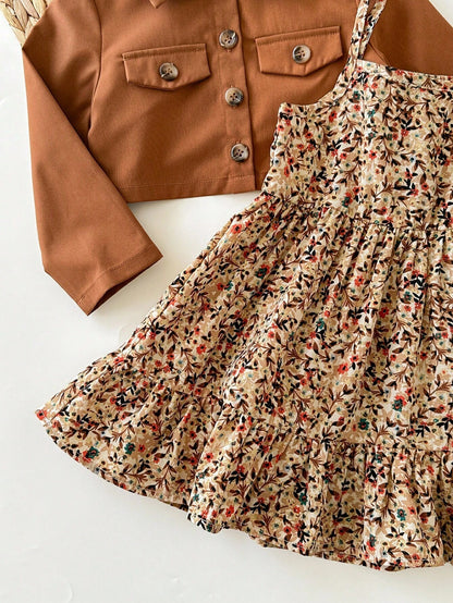 Babygirl Ditsy Floral Casual Camisole Dress&Brown Jacket Set Baby Girl Outfits Toddler Outfit 2pcs Girls Vintage Style Fall Winter