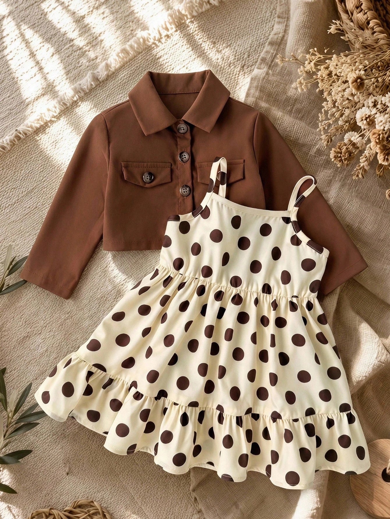 Babygirl Ditsy Floral Casual Camisole Dress&Brown Jacket Set Baby Girl Outfits Toddler Outfit 2pcs Girls Vintage Style Fall Winter
