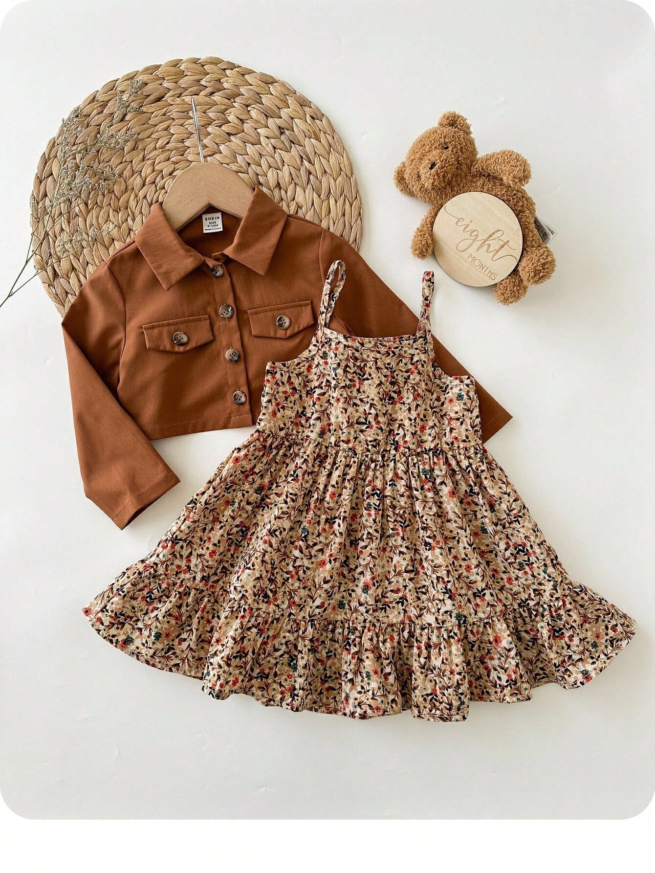 Babygirl Ditsy Floral Casual Camisole Dress&Brown Jacket Set Baby Girl Outfits Toddler Outfit 2pcs Girls Vintage Style Fall Winter