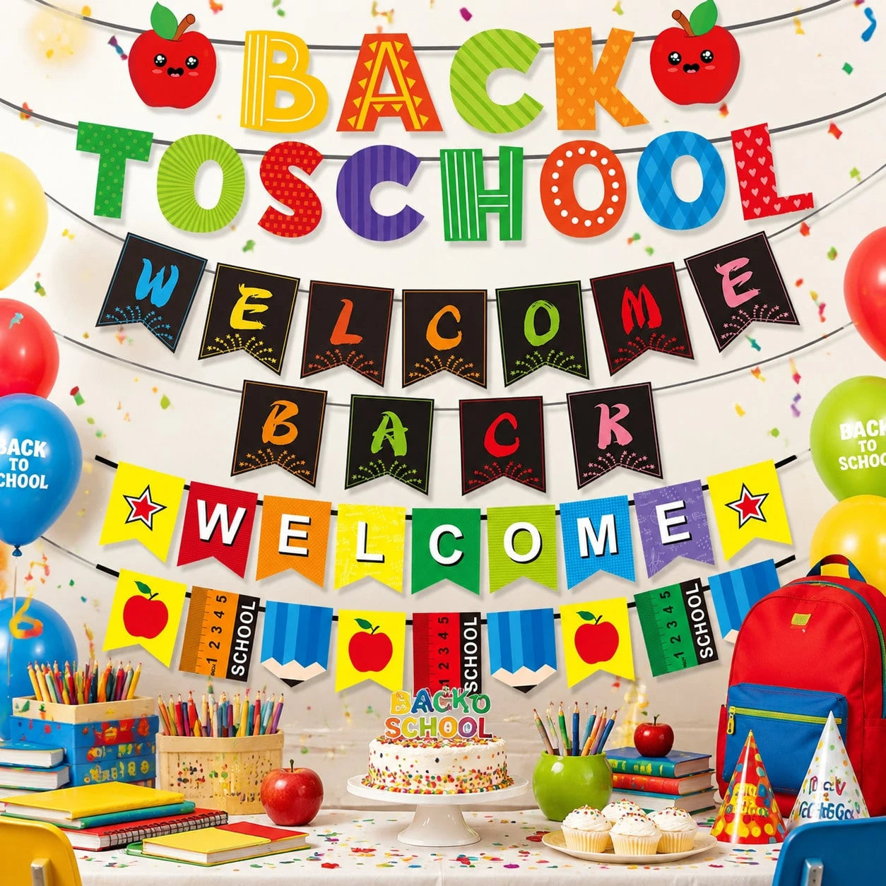 Back To School Student Welcome Paper Bunting Banner With Apple, Pencil, Ruler Print For Classroom Hanging Decoration
