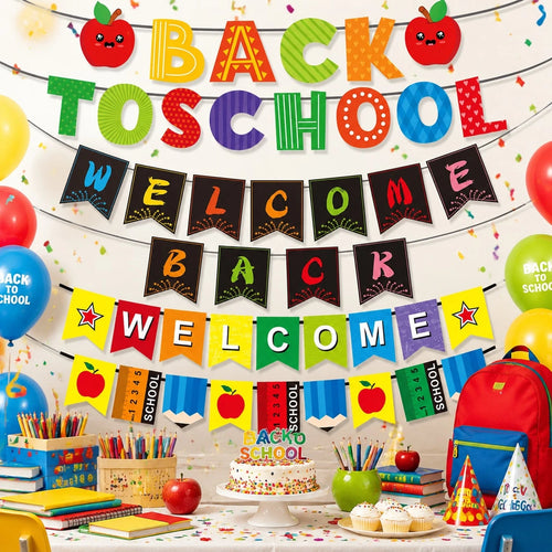 Back To School Student Welcome Paper Bunting Banner With Apple, Pencil, Ruler Print For Classroom Hanging Decoration