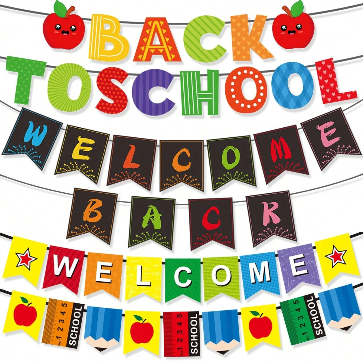 Back To School Student Welcome Paper Bunting Banner With Apple, Pencil, Ruler Print For Classroom Hanging Decoration