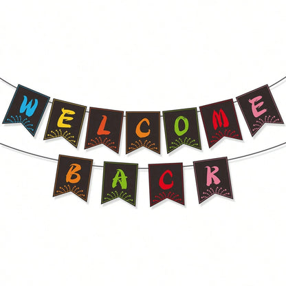 Back To School Student Welcome Paper Bunting Banner With Apple, Pencil, Ruler Print For Classroom Hanging Decoration