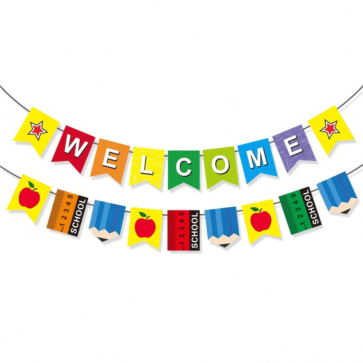 Back To School Student Welcome Paper Bunting Banner With Apple, Pencil, Ruler Print For Classroom Hanging Decoration