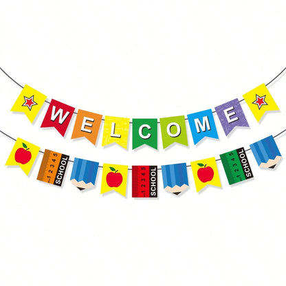 Back To School Student Welcome Paper Bunting Banner With Apple, Pencil, Ruler Print For Classroom Hanging Decoration