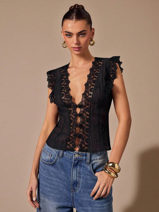 BAE Black Lace Sleeveless V-Neck Minimalist Top, Black Lace Tank Top
