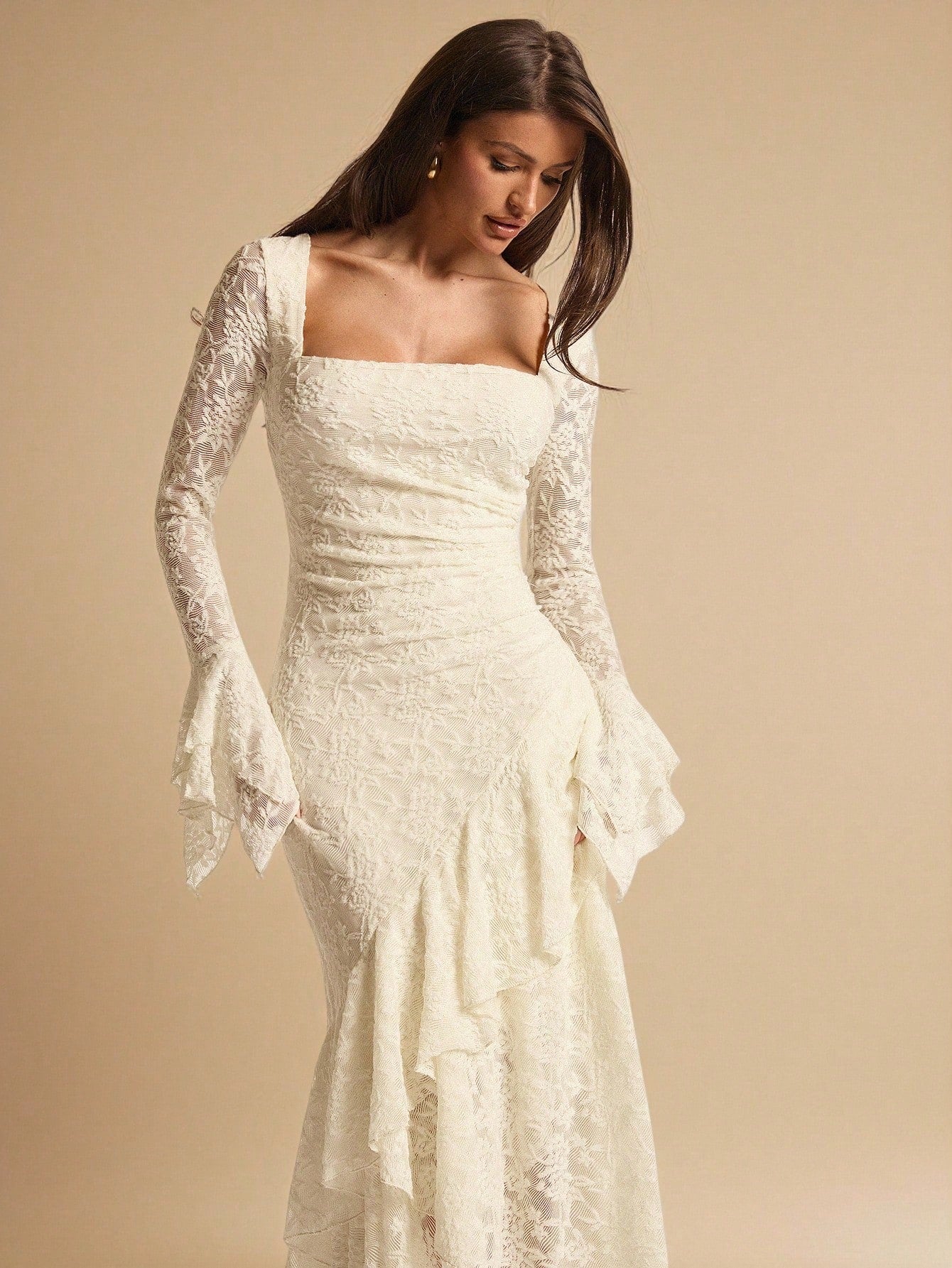 BAE Elegant White Floral Summer Wedding Guest Lace Maxi Dress,Square Neck Ruffle Trim Asymmetric Hem Ivory Rehearsal Dinner Dress Bride Bridesmaid Women